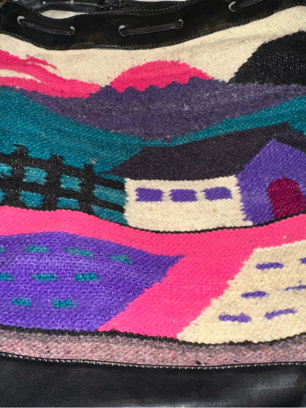 Women’s Colorful Wool Tapestry Bucket Bag with Black Trim